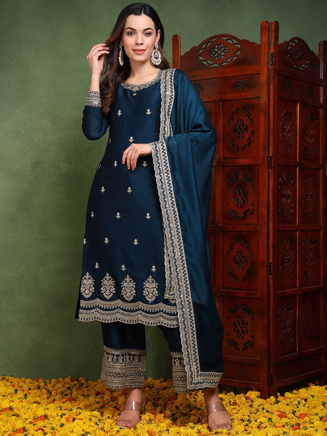 AHIKA Teal Ethnic Motifs Embroidered Round Neck Straight Kurta with Palazzos & Dupatta
AHIKA Teal Ethnic Motifs Embroidered Round Neck Straight Kurta with Palazzos & Dupatta