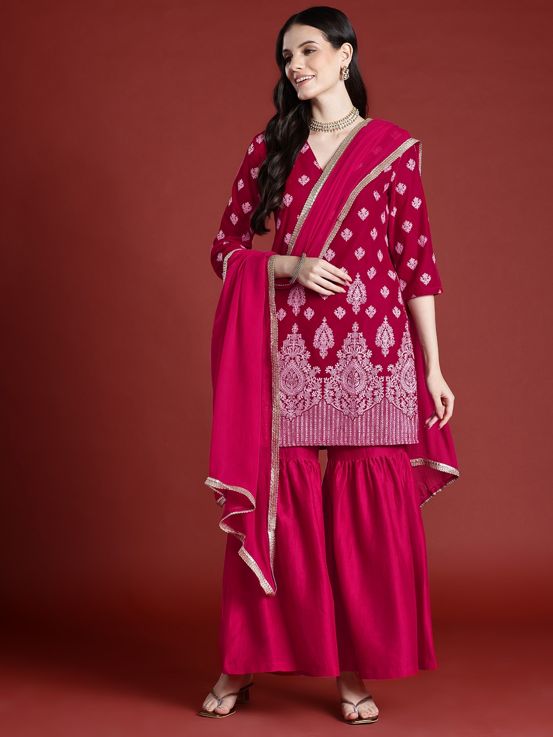 Anouk Tyohaar Collection Velvet Finish Printed Kurta with Sharara & Dupatta, Magenta
Anouk Tyohaar Collection Velvet Finish Printed Kurta with Sharara & Dupatta, Magenta