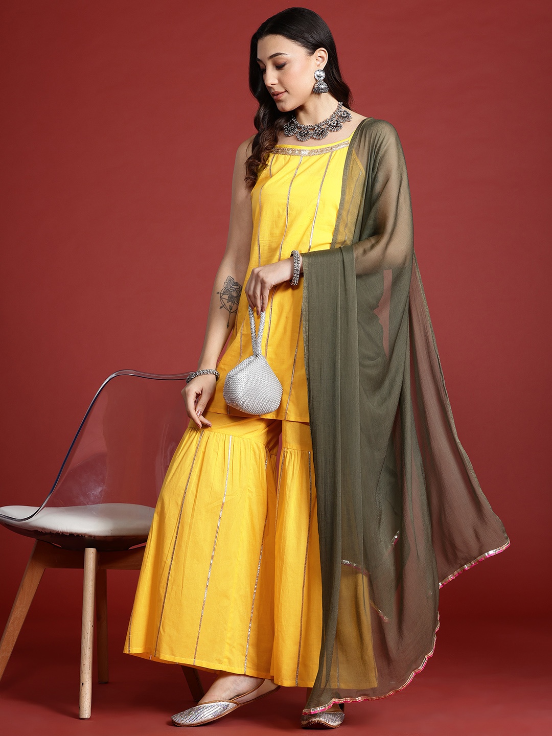 Anouk Tyohar Collection Gotta Patti Pure Cotton Kurti with Sharara & Dupatta, Yellow
Anouk Tyohar Collection Gotta Patti Pure Cotton Kurti with Sharara & Dupatta, Yellow