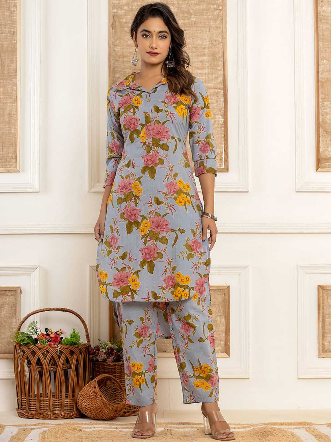 Yufta Floral Printed Pure Cotton Ethnic Tunic With Trousers, Blue 
Yufta Floral Printed Pure Cotton Ethnic Tunic With Trousers, Blue