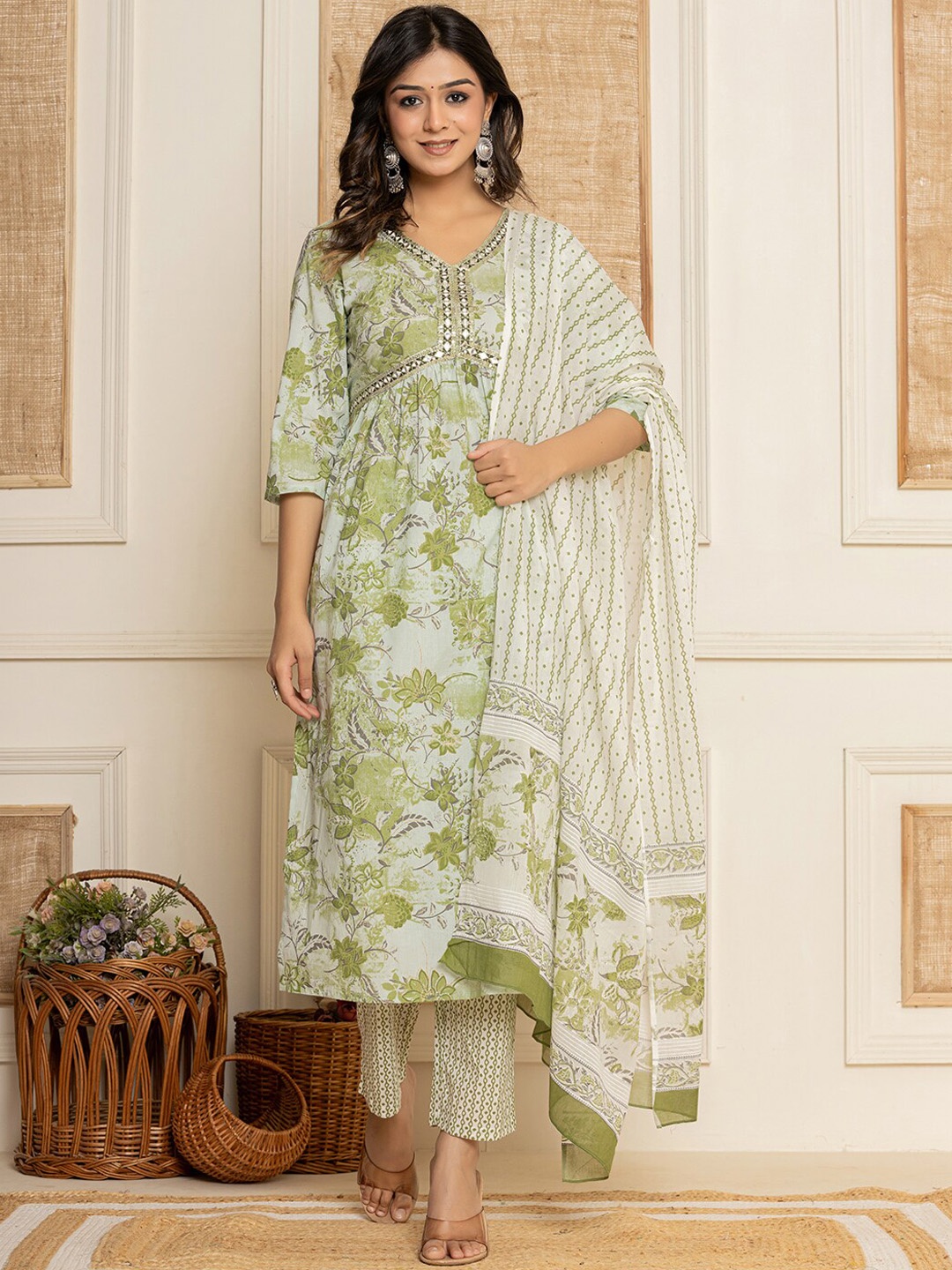 Yufta Green Printed Mirror Work Pure Cotton Empire A-Line Kurta With Trousers & Dupatta
Yufta Green Printed Mirror Work Pure Cotton Empire A-Line Kurta With Trousers & Dupatta