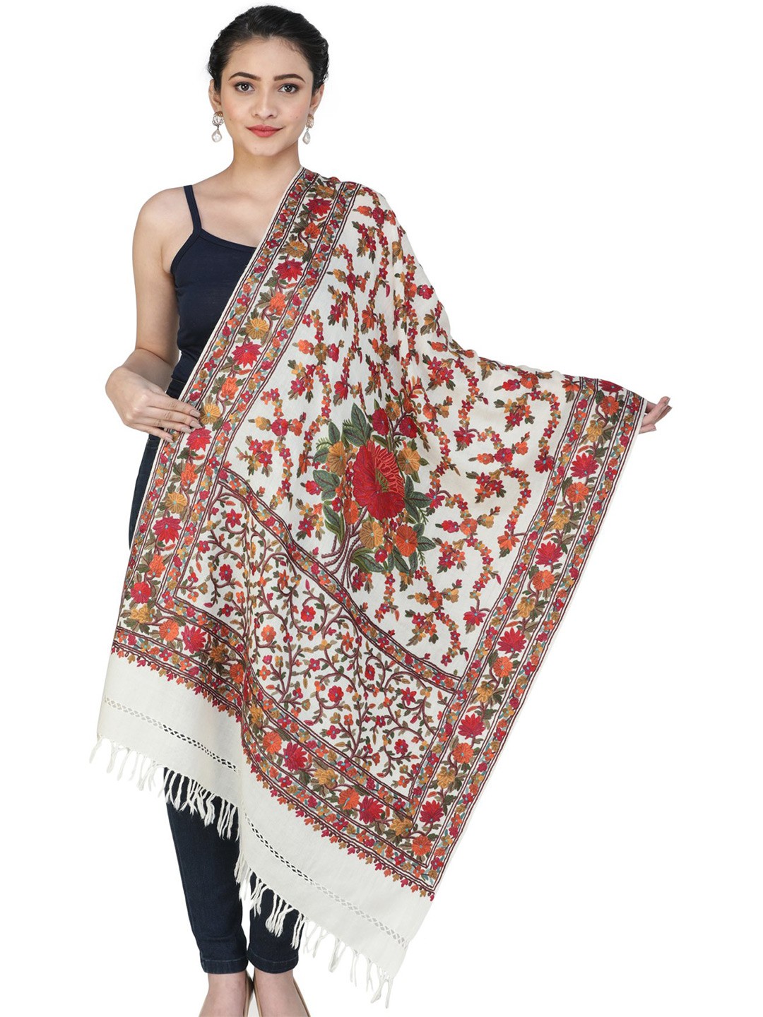 Exotic India Pristine White Hand Embroidered Multicolor Flowers Pure Wool Kashmiri Stole
Exotic India Pristine White Hand Embroidered Multicolor Flowers Pure Wool Kashmiri Stole