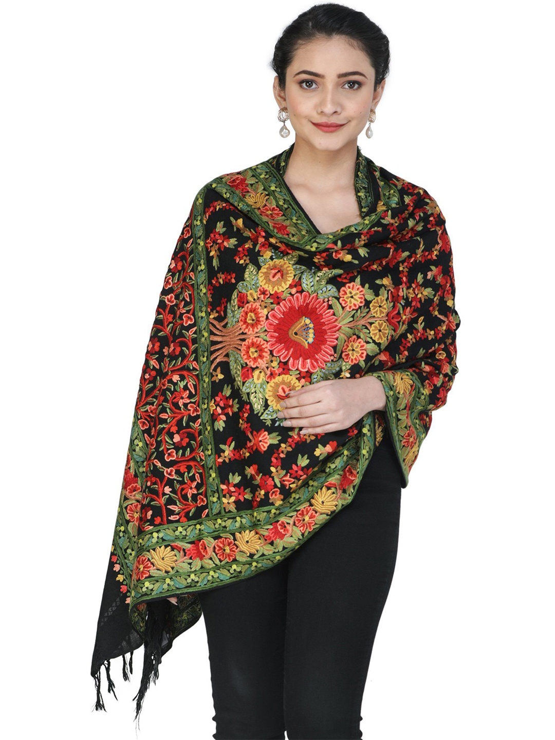 Exotic India Caviar Black Hand Embroidered Multicolor Flowers Pure Wool Kashmiri Stole
Exotic India Caviar Black Hand Embroidered Multicolor Flowers Pure Wool Kashmiri Stole