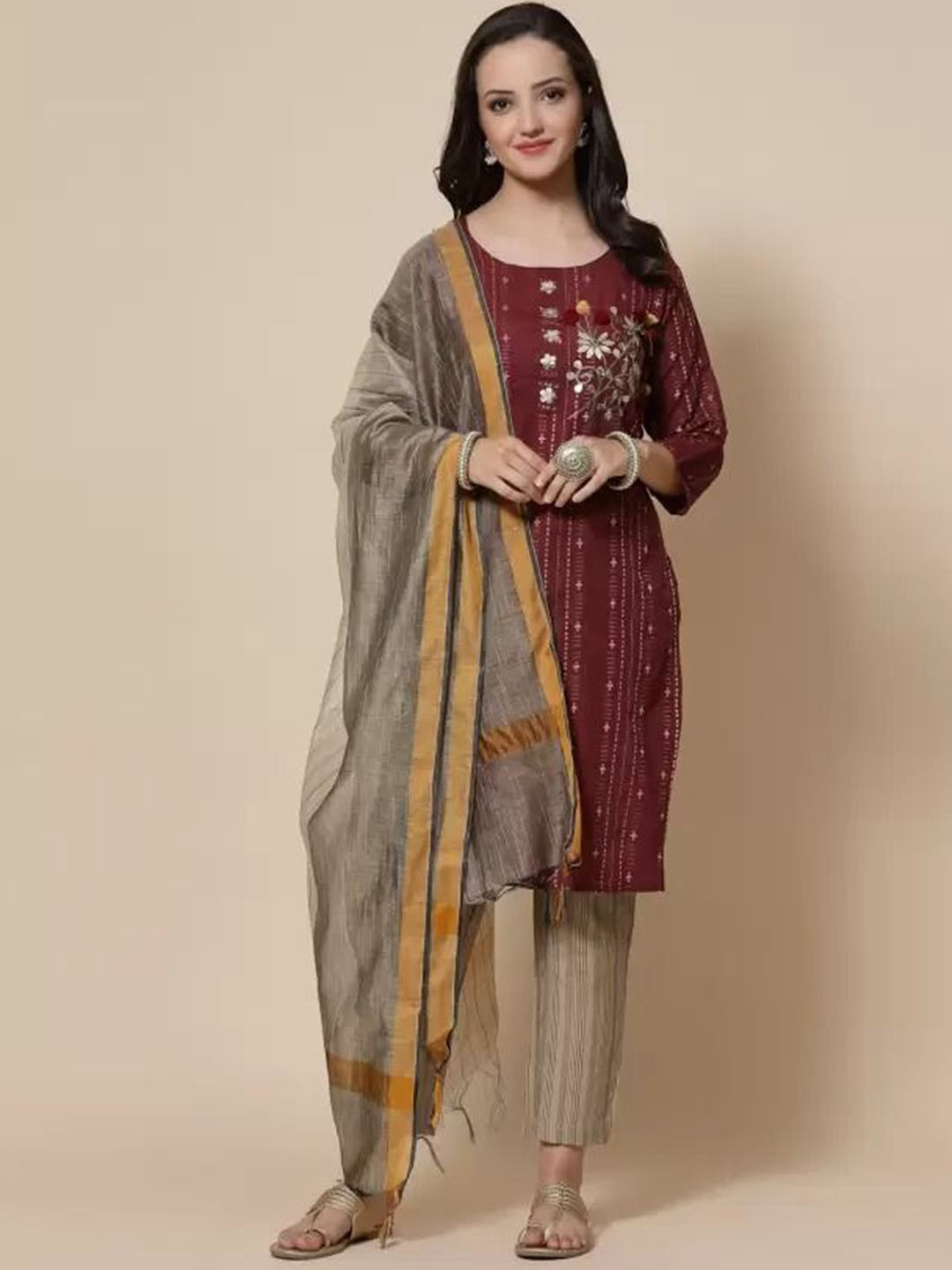 S.K.C Round Neck Floral Embroidered Gotta Patti Kurta with Trouser & Dupatta, Maroon
S.K.C Round Neck Floral Embroidered Gotta Patti Kurta with Trouser & Dupatta, Maroon