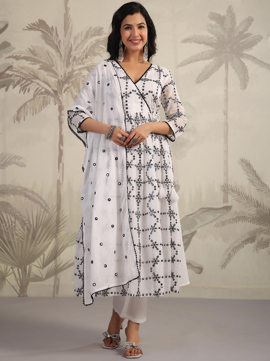 SCAKHI Embroidered Mirror Work Mulmul Cotton Angrakha Kurta With Trousers & Dupatta, White
SCAKHI Embroidered Mirror Work Mulmul Cotton Angrakha Kurta With Trousers & Dupatta, White
