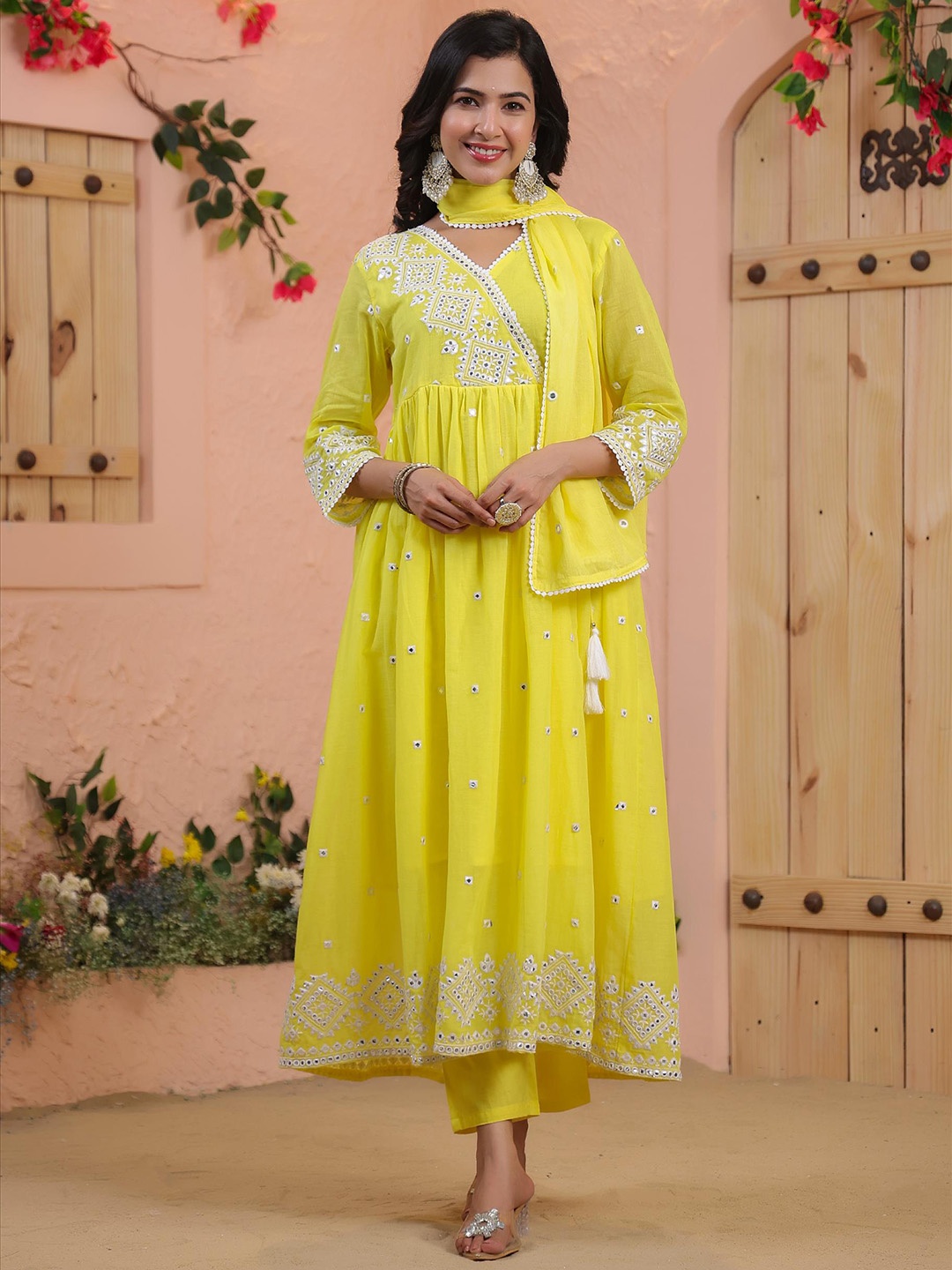 SCAKHI Floral Embroidered Mirror Work Mulmul Cotton Angrakha Kurta With Trousers & Dupatta, Yellow
SCAKHI Floral Embroidered Mirror Work Mulmul Cotton Angrakha Kurta With Trousers & Dupatta, Yellow