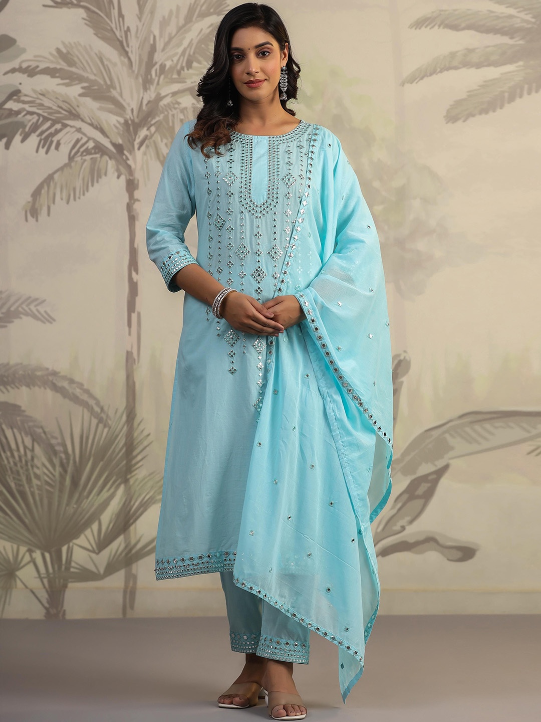 SCAKHI Embroidered Mirror Work Pure Cotton Straight Kurta With Trousers & Dupatta, Blue
SCAKHI Embroidered Mirror Work Pure Cotton Straight Kurta With Trousers & Dupatta, Blue