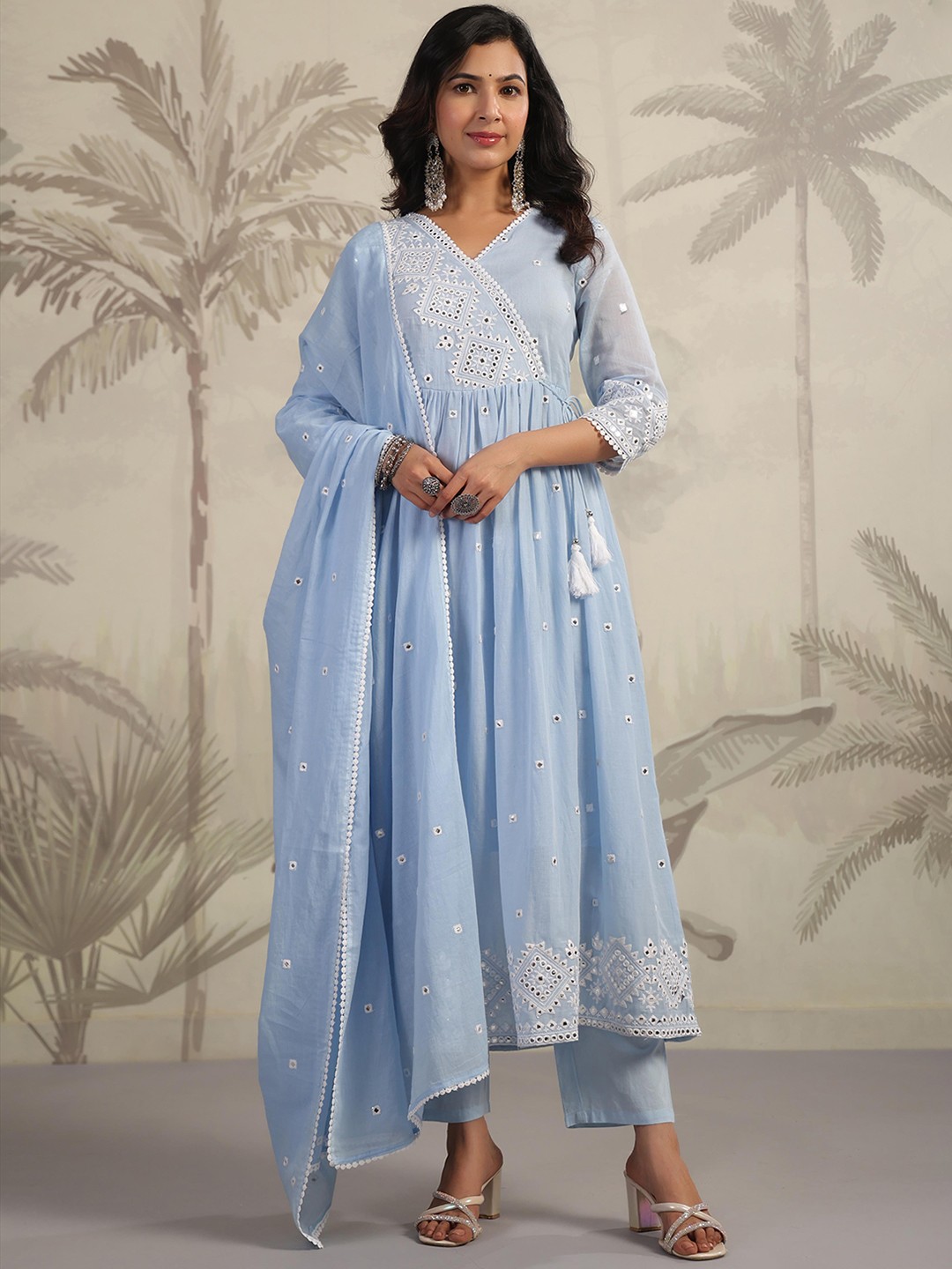 SCAKHI Embroidered Mirror Work Mulmul Cotton Angrakha Kurta With Trousers & Dupatta, Blue
SCAKHI Embroidered Mirror Work Mulmul Cotton Angrakha Kurta With Trousers & Dupatta, Blue