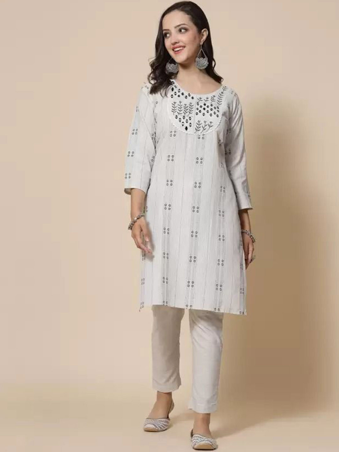 S.K.C Round Neck Mirror Work Embroidered Straight Kurta with Trouser & Dupatta, White 
S.K.C Round Neck Mirror Work Embroidered Straight Kurta with Trouser & Dupatta, White