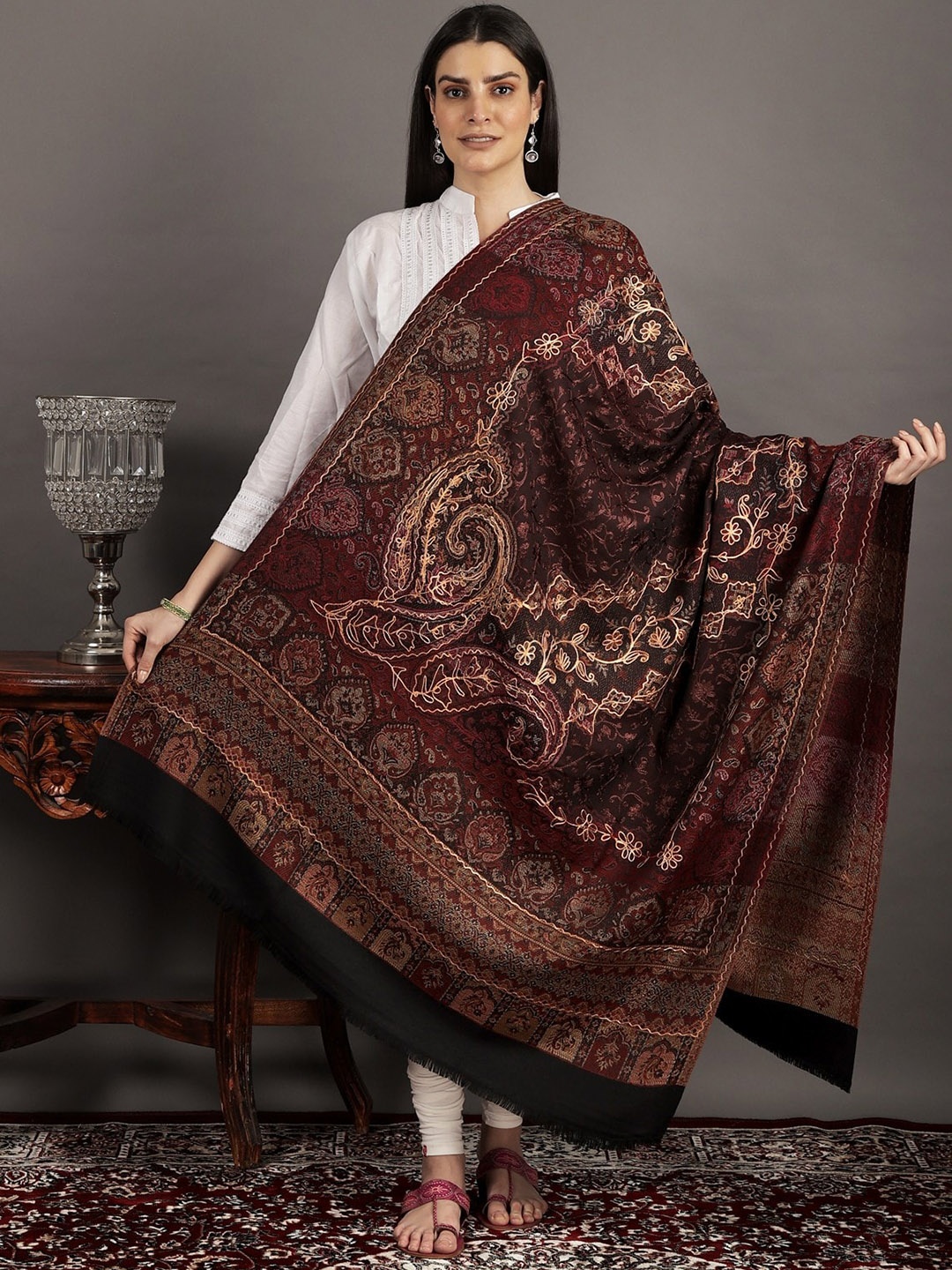 Exotic India Black Beauty Jamawar Wool Shawl With Aari Embroidery and Paisley, Maroon
Exotic India Black Beauty Jamawar Wool Shawl With Aari Embroidery and Paisley, Maroon