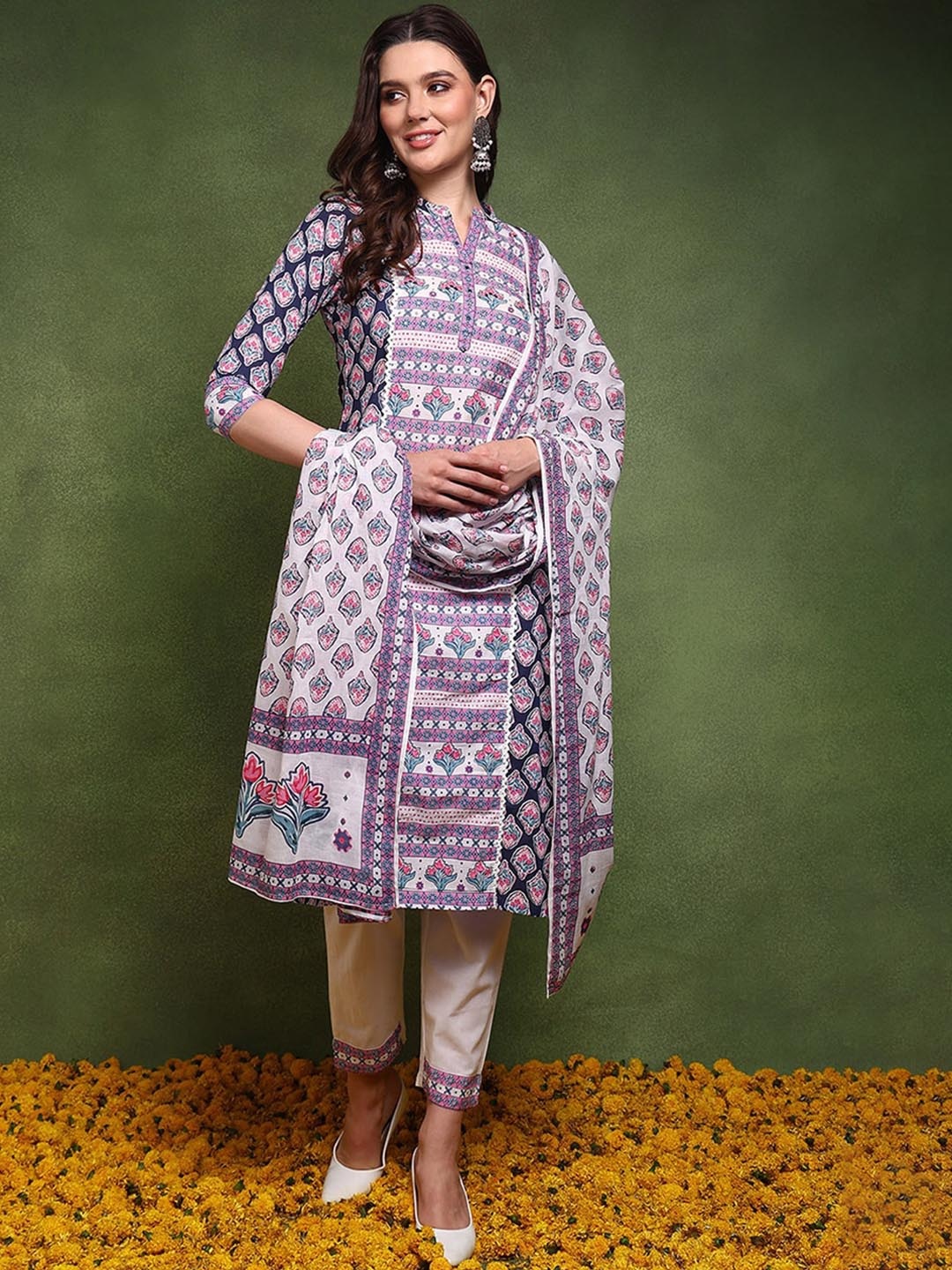 KALINI Ethnic Motifs Printed Panelled Pure Cotton Straight Kurta With Trousers & Dupatta, White
KALINI Ethnic Motifs Printed Panelled Pure Cotton Straight Kurta With Trousers & Dupatta, White