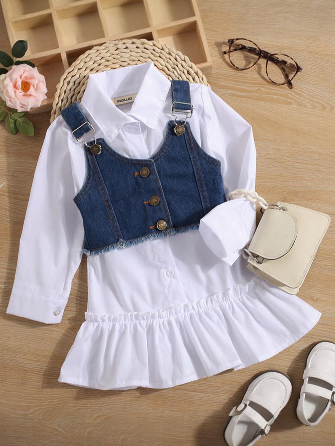 INCLUD Girls Shirt Collar Long Cuffed Sleeves Sleeves A-Line Dress With Denim Vest, White
INCLUD Girls Shirt Collar Long Cuffed Sleeves Sleeves A-Line Dress With Denim Vest, White