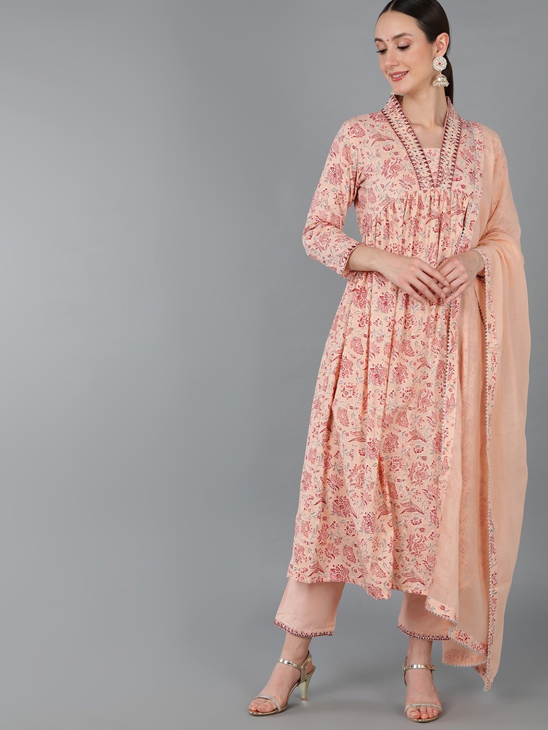 KALINI Floral Printed Thread Work Pure Cotton Anarkali Kurta with Trousers & Dupatta, Peach
KALINI Floral Printed Thread Work Pure Cotton Anarkali Kurta with Trousers & Dupatta, Peach