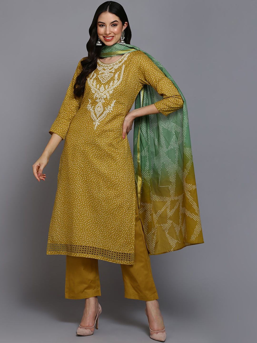 KALINI Bandhani Printed Straight Thread Work Pure Cotton Kurta with Trousers & Dupatta, Mustard
KALINI Bandhani Printed Straight Thread Work Pure Cotton Kurta with Trousers & Dupatta, Mustard