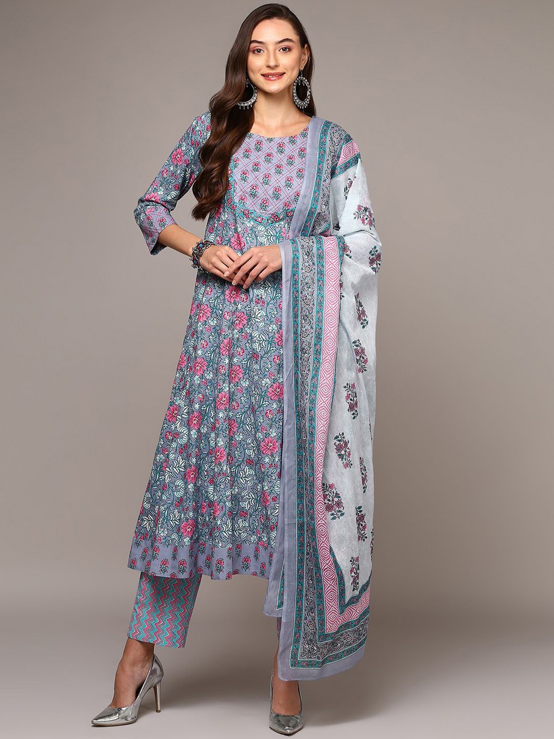 KALINI Floral Printed Empire Thread Work Pure Cotton Kurta with Trousers & Dupatta, Grey
KALINI Floral Printed Empire Thread Work Pure Cotton Kurta with Trousers & Dupatta, Grey