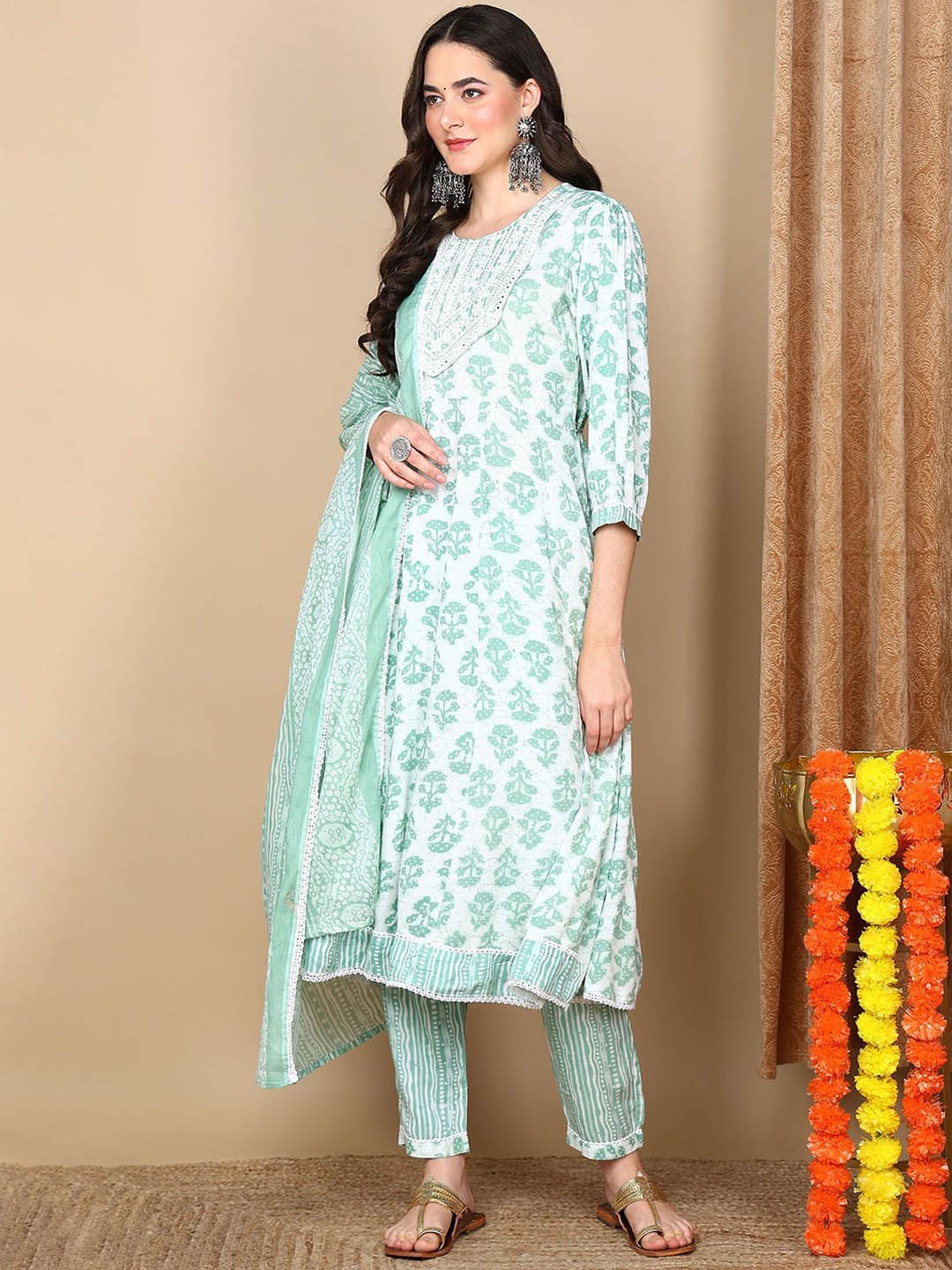 KALINI Ethnic Motifs Printed A-Line Thread Work Kurta with Trousers & Dupatta, White
KALINI Ethnic Motifs Printed A-Line Thread Work Kurta with Trousers & Dupatta, White