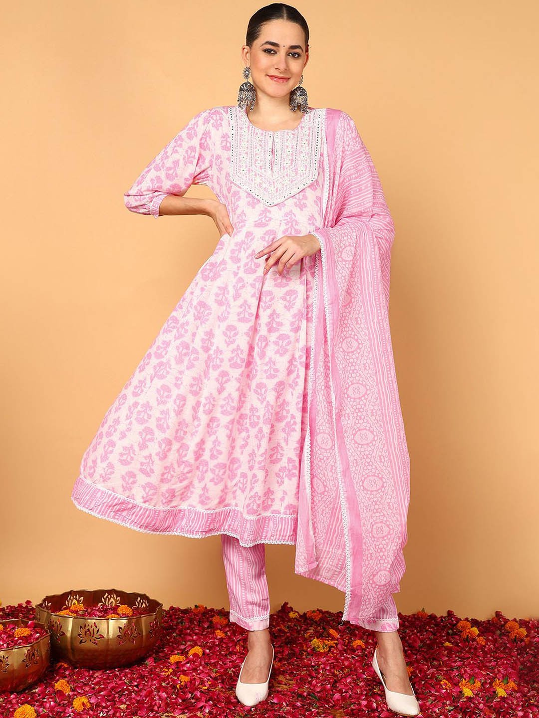 KALINI Ethnic Motifs Printed A-Line Mirror Work Kurta with Trousers & Dupatta, Pink
KALINI Ethnic Motifs Printed A-Line Mirror Work Kurta with Trousers & Dupatta, Pink