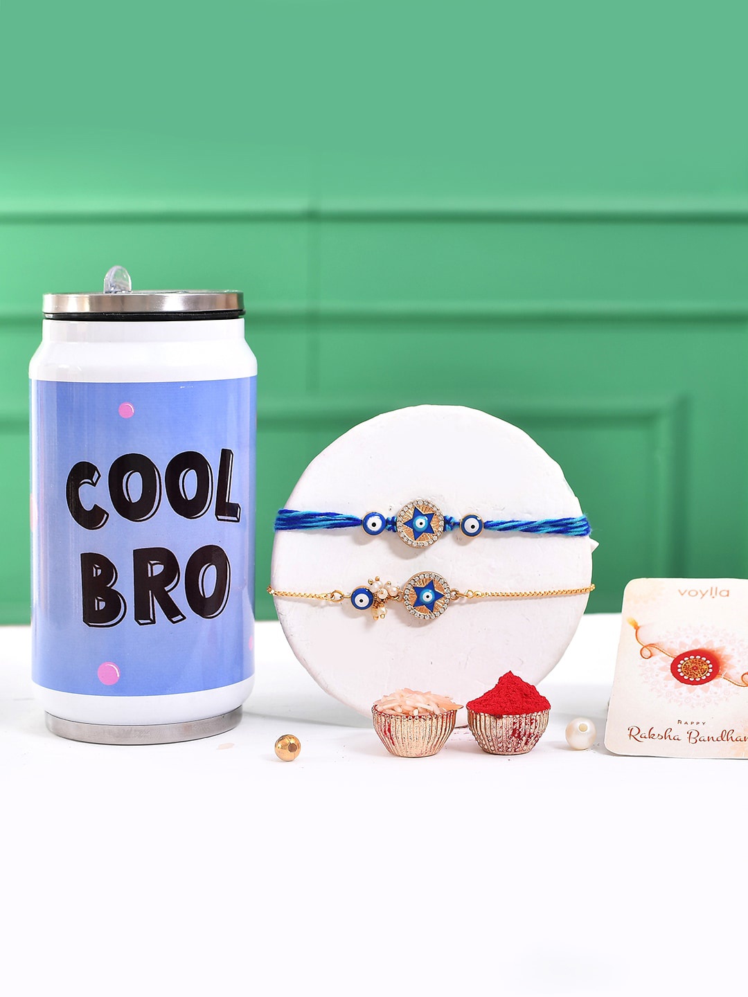 Voylla Set Of 3 Evil Eye Thread And Chain Bhaiya Bhabhi Rakhi With Cool Bro Bottle, Blue
Voylla Set Of 3 Evil Eye Thread And Chain Bhaiya Bhabhi Rakhi With Cool Bro Bottle, Blue