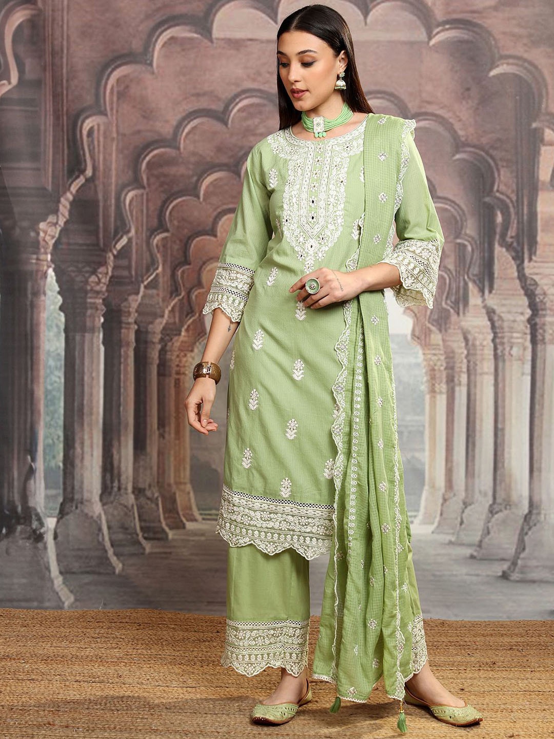 Vishudh Green Floral Embroidered Thread Work Pure Cotton Kurta with Palazzos & Dupatta
Vishudh Green Floral Embroidered Thread Work Pure Cotton Kurta with Palazzos & Dupatta