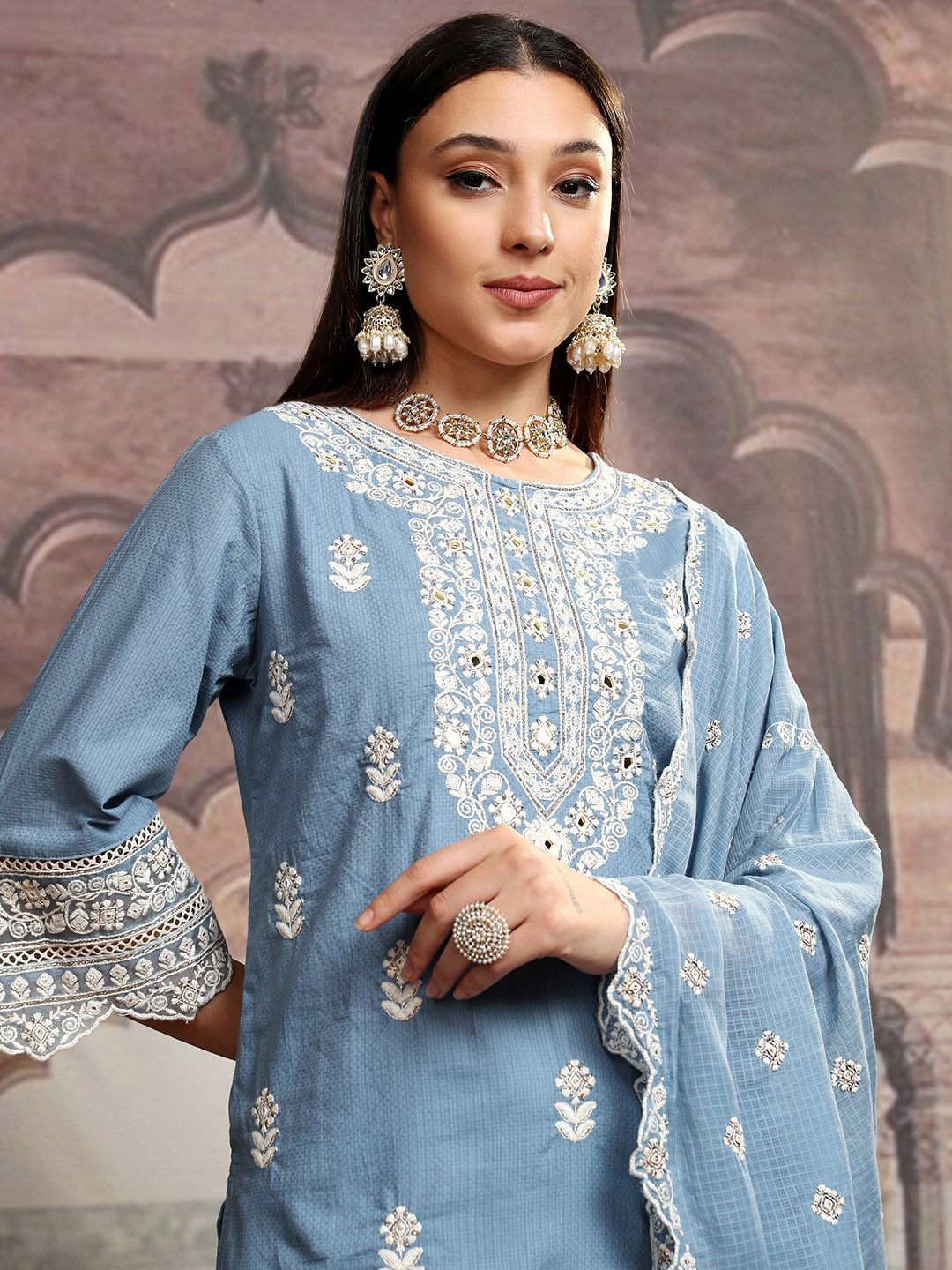 Vishudh Blue Floral Embroidered Thread Work Pure Cotton Kurta with Palazzos & Dupatta
Vishudh Blue Floral Embroidered Thread Work Pure Cotton Kurta with Palazzos & Dupatta