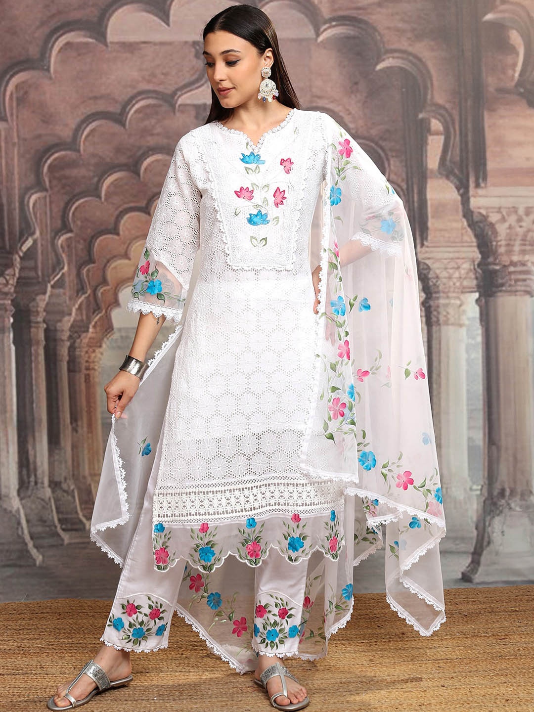 Vishudh White Embroidered Gotta Patti Pure Cotton Straight Kurta With Trousers & Dupatta
Vishudh White Embroidered Gotta Patti Pure Cotton Straight Kurta With Trousers & Dupatta