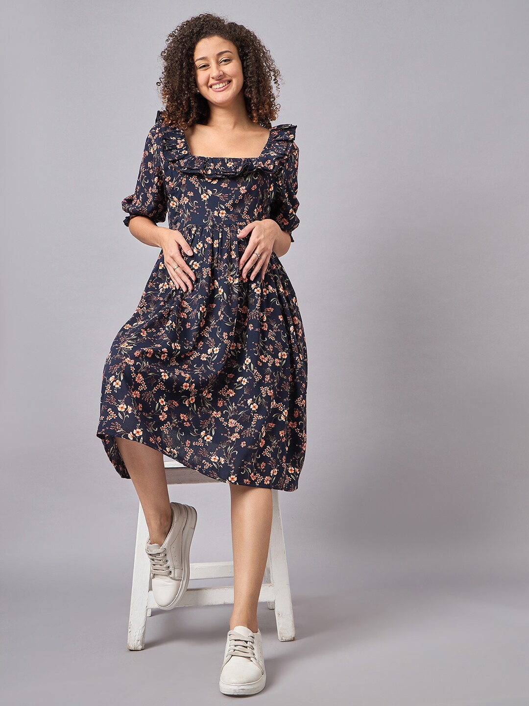 Mine4Nine Women Floral Printed Square Neck Ruffles Detailed Maternity A-Line Midi Dress, Navy blue
Mine4Nine Women Floral Printed Square Neck Ruffles Detailed Maternity A-Line Midi Dress, Navy blue