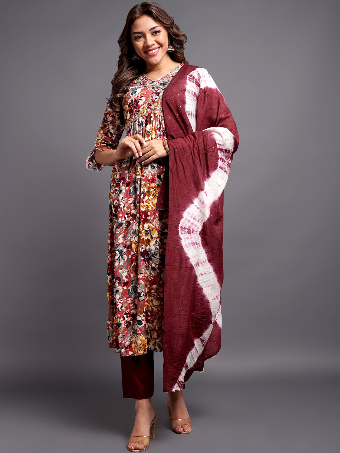 AnjuShree Choice Floral Printed Empire Thread Work Kurta with Trousers & Dupatta, Maroon
AnjuShree Choice Floral Printed Empire Thread Work Kurta with Trousers & Dupatta, Maroon