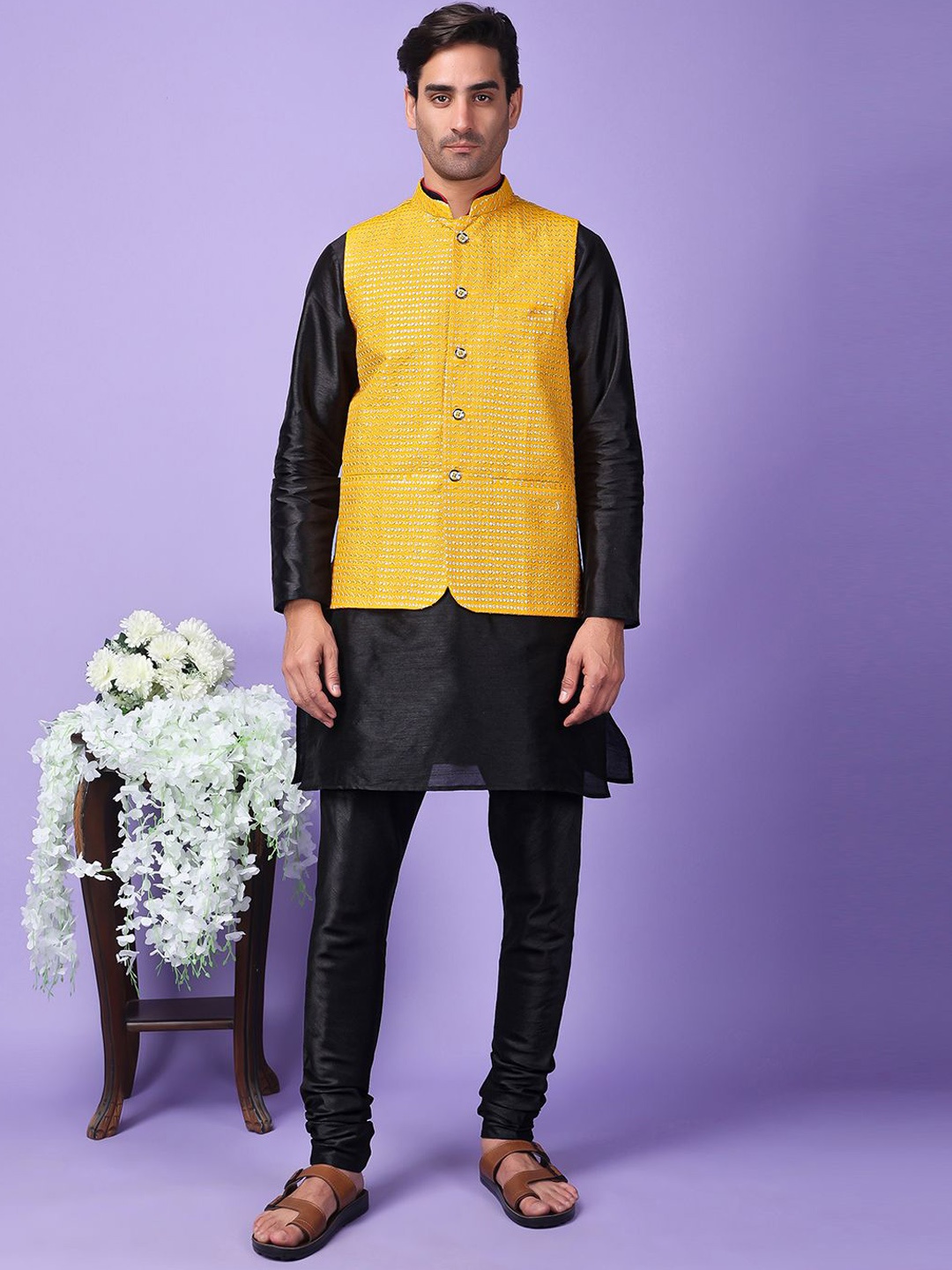 Hangup Mandarin Collar Dupion Silk Straight Kurta with Pyjamas & Nehru jacket, Yellow
Hangup Mandarin Collar Dupion Silk Straight Kurta with Pyjamas & Nehru jacket, Yellow