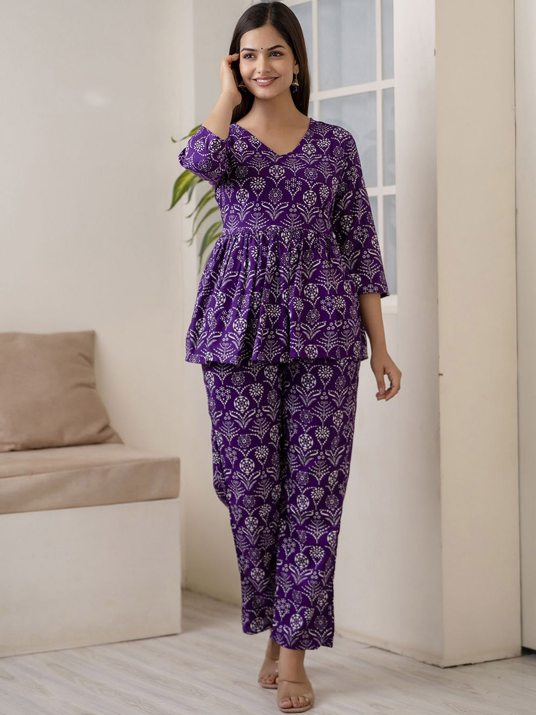 Veshviti V Neck Floral Printed Empire Liva A Line Top with Trouser, Purple 
Veshviti V Neck Floral Printed Empire Liva A Line Top with Trouser, Purple