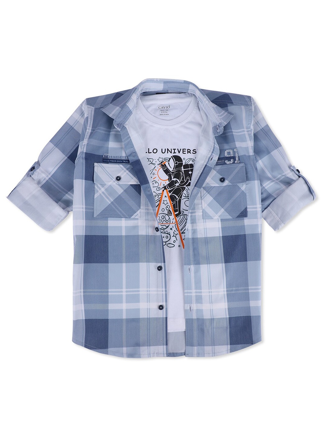 CAVIO Boys Comfort Fit Checked Spread Collar Roll-Up Sleeve Pure Cotton Shirt With T-Shirt, Blue
CAVIO Boys Comfort Fit Checked Spread Collar Roll-Up Sleeve Pure Cotton Shirt With T-Shirt, Blue