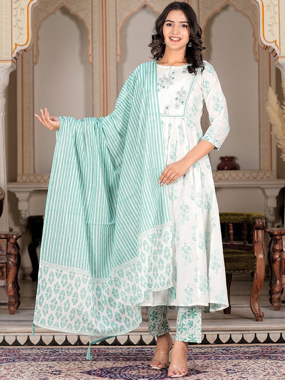 ERISHA Printed Pleated Thread Work Pure Cotton Anarkali Kurta With Trousers & Dupatta, Green
ERISHA Printed Pleated Thread Work Pure Cotton Anarkali Kurta With Trousers & Dupatta, Green