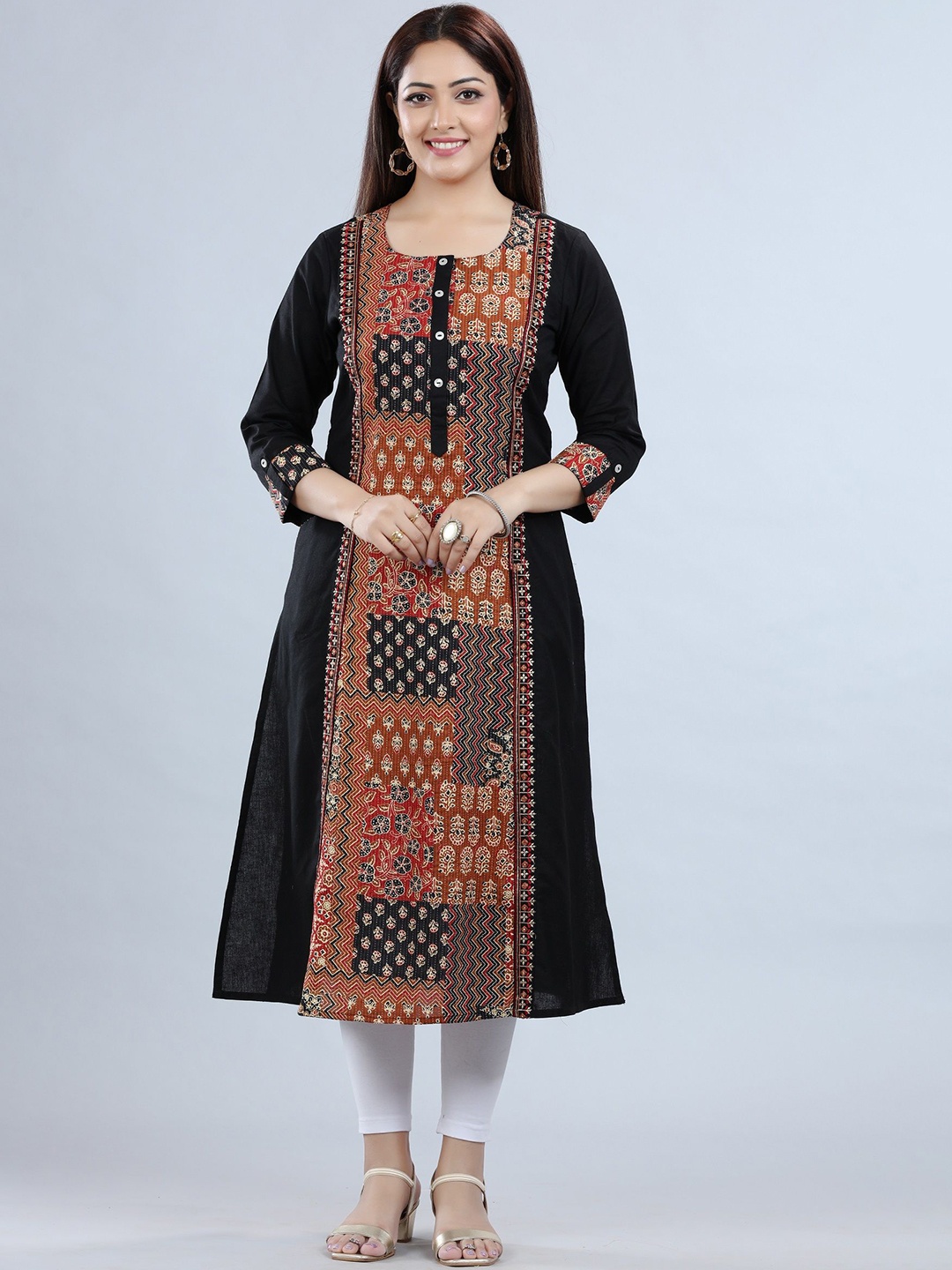 COTTON CULTURE Women Ethnic Motifs Printed Flared Sleeves Sequinned Kurta, Black
COTTON CULTURE Women Ethnic Motifs Printed Flared Sleeves Sequinned Kurta, Black