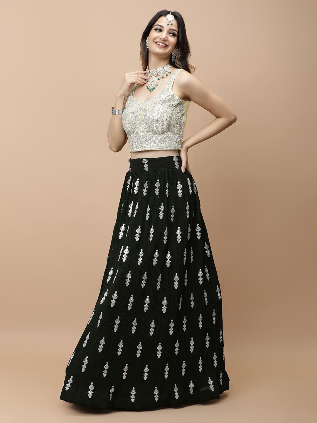 Vervee Couture Embellished Beads and Stones Ready to Wear Lehenga & Blouse With Dupatta, Green
Vervee Couture Embellished Beads and Stones Ready to Wear Lehenga & Blouse With Dupatta, Green