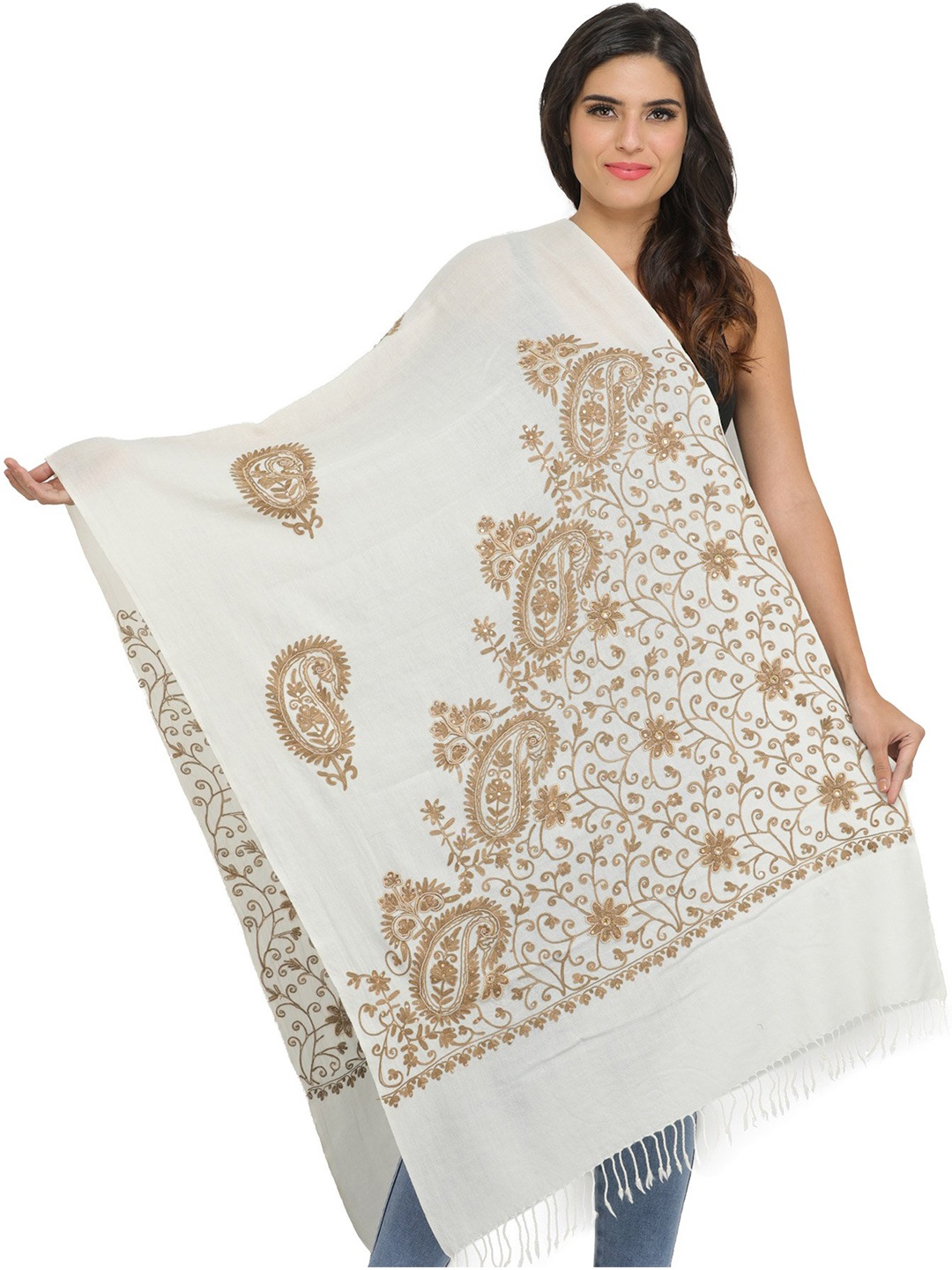 Exotic India Ivory Ari-Embroidered Pure Wool Stole with Beads and Sequins work, Off white
Exotic India Ivory Ari-Embroidered Pure Wool Stole with Beads and Sequins work, Off white