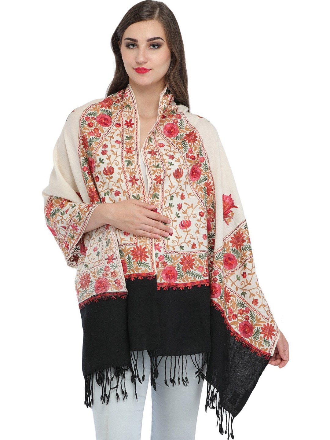 Exotic India Ivory And Black Aari Floral-Embroidered Double Colored Pure Wool Stole, Cream
Exotic India Ivory And Black Aari Floral-Embroidered Double Colored Pure Wool Stole, Cream