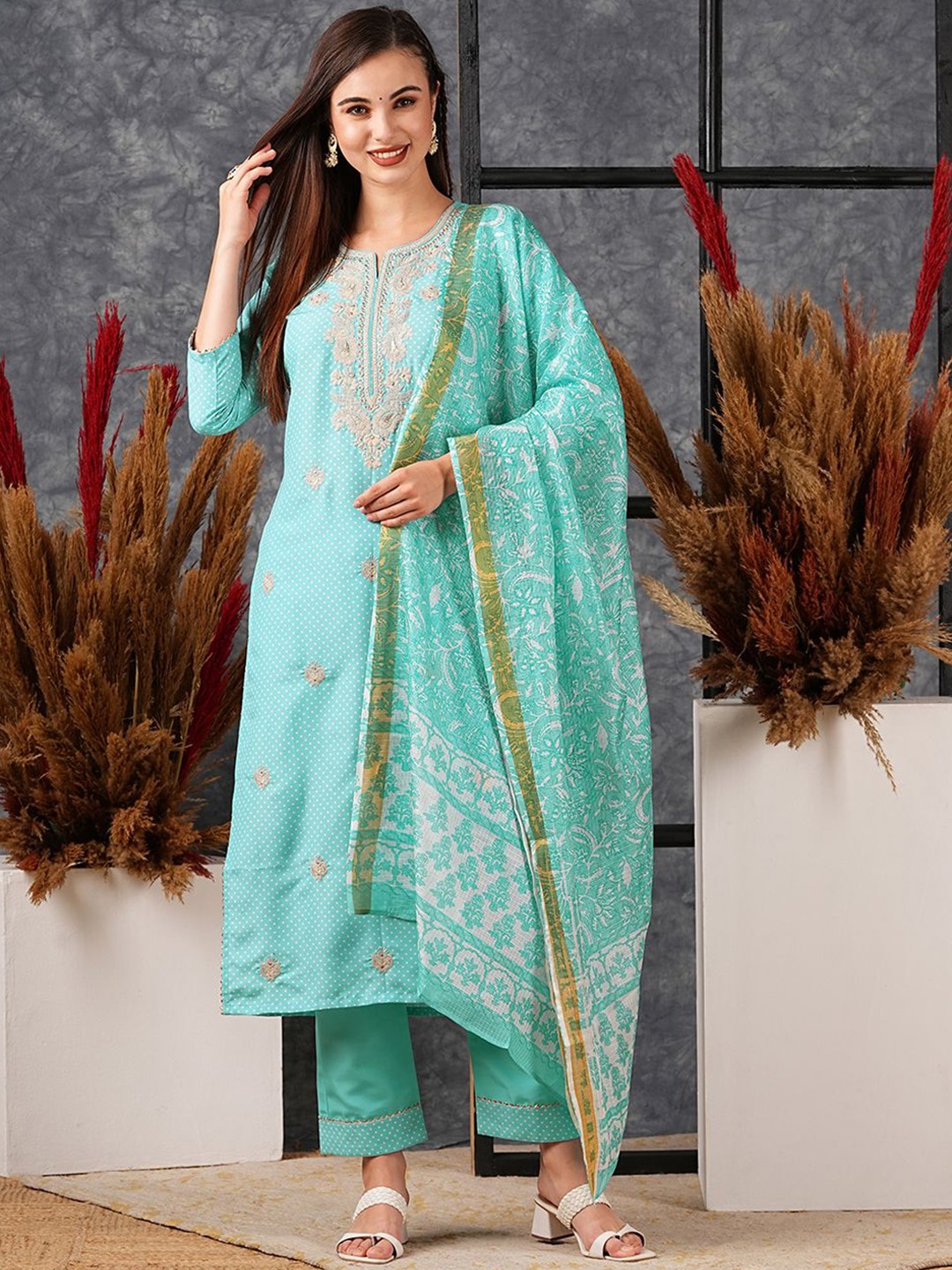KALINI Ethnic Motifs Embroidered Beads And Stones Straight Kurta With Trousers & Dupatta, Sea green
KALINI Ethnic Motifs Embroidered Beads And Stones Straight Kurta With Trousers & Dupatta, Sea green