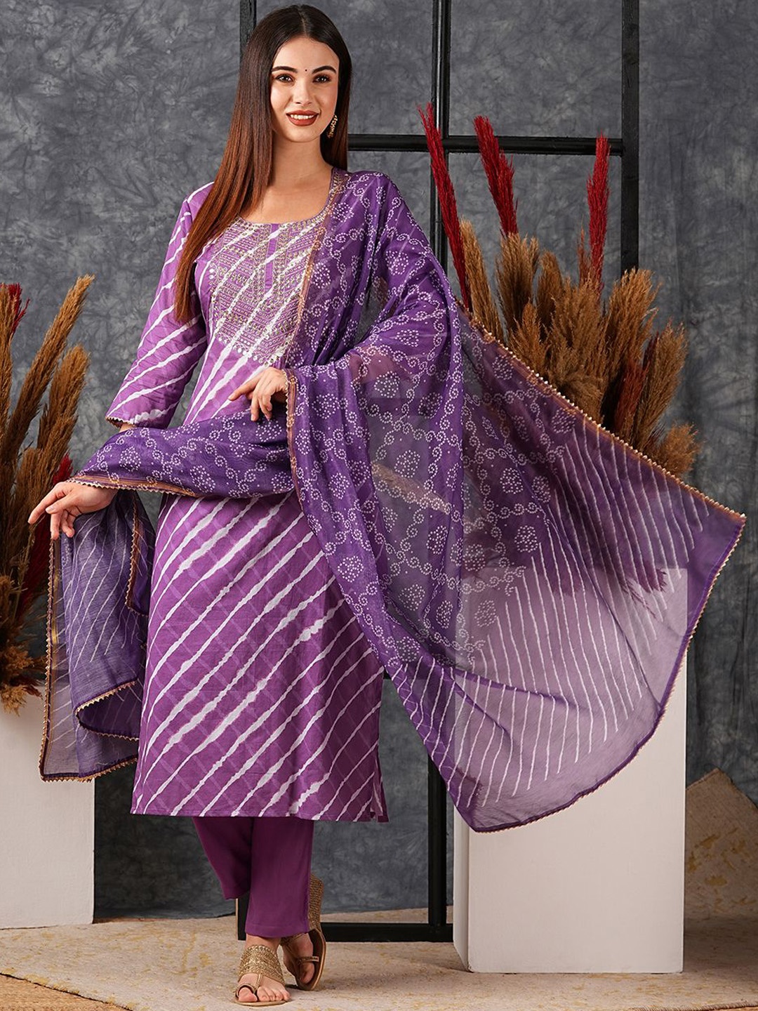KALINI Women Leheriya Embroidered Regular Thread Work Kurta with Trousers & With Dupatta, Purple
KALINI Women Leheriya Embroidered Regular Thread Work Kurta with Trousers & With Dupatta, Purple
