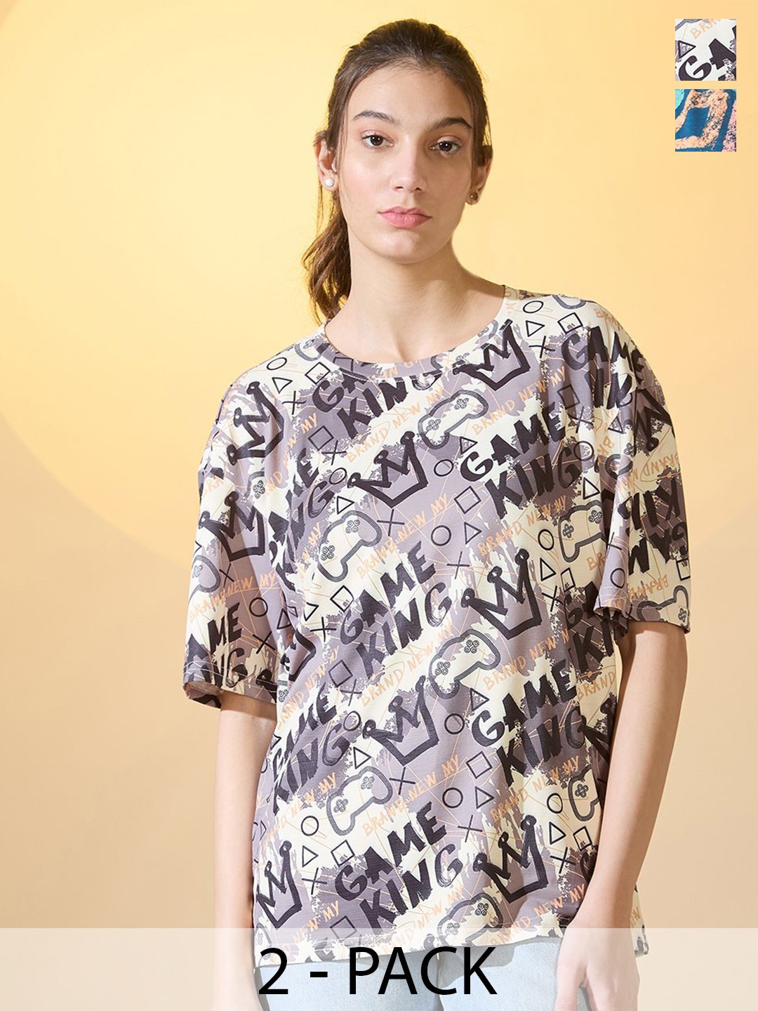 DressBerry Women Pack Of 2 Typography And Geometric Printed Oversized T-shirt, Beige
DressBerry Women Pack Of 2 Typography And Geometric Printed Oversized T-shirt, Beige
