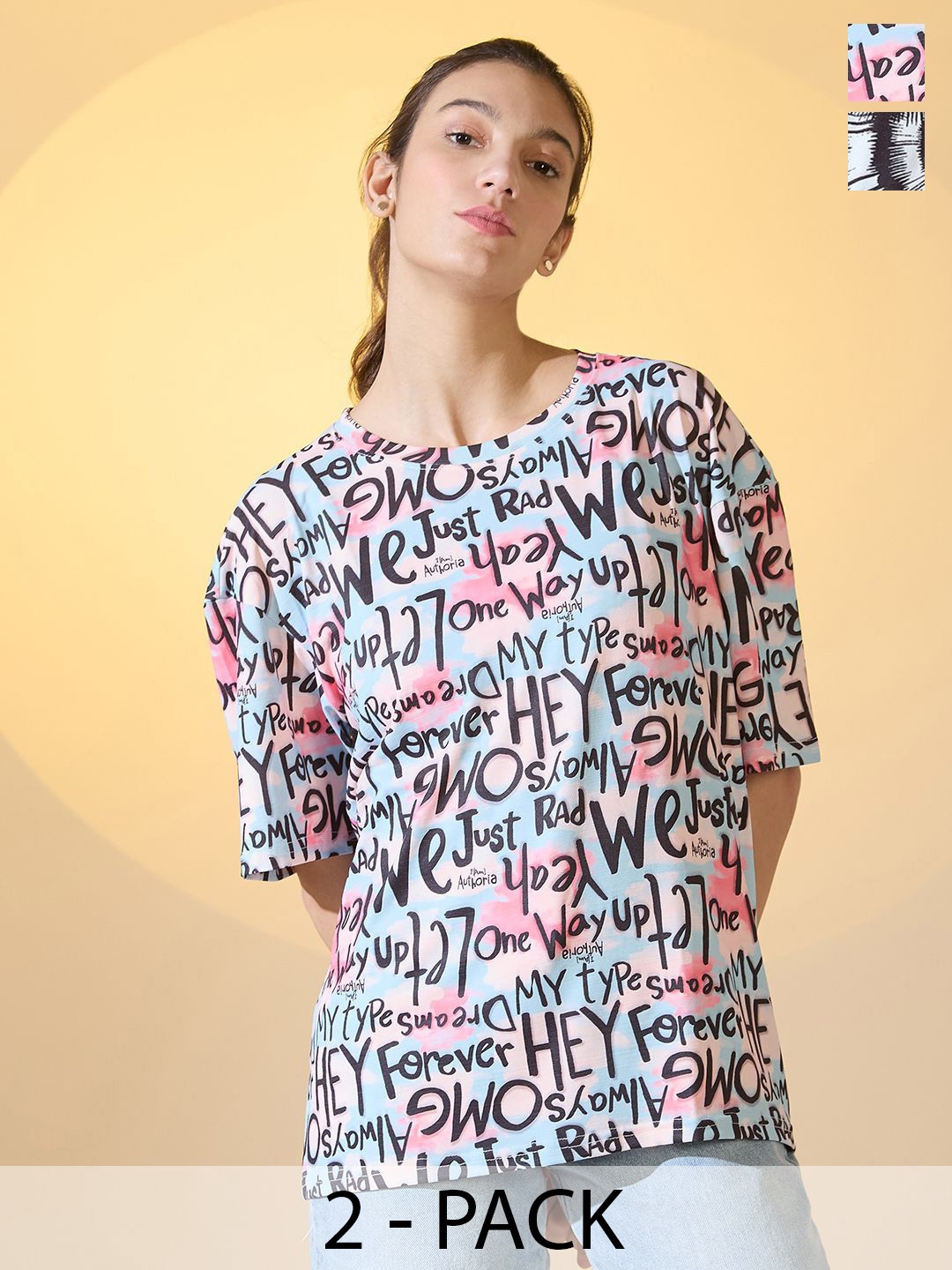 DressBerry Women Pack Of 2 Typography and Abstract Printed Oversized T-shirt, Assorted
DressBerry Women Pack Of 2 Typography and Abstract Printed Oversized T-shirt, Assorted
