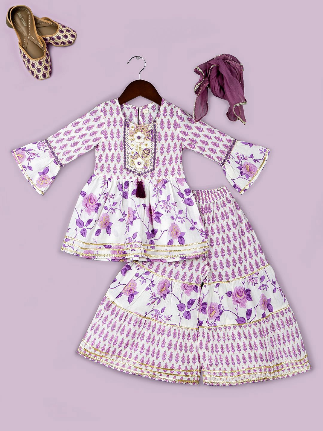 Naughty Ninos Girls Floral Printed Gotta Patti Pure Cotton Kurta with Sharara & Dupatta, Purple
Naughty Ninos Girls Floral Printed Gotta Patti Pure Cotton Kurta with Sharara & Dupatta, Purple
