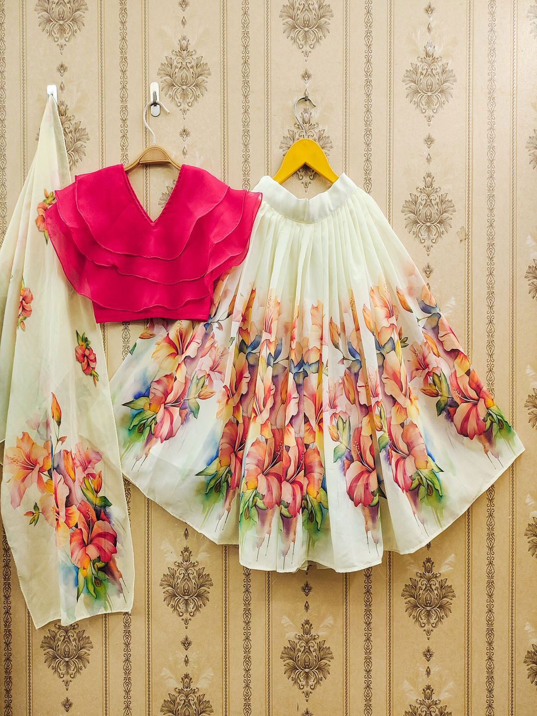 BAESD Girls Printed Tie and Dye Ready to Wear Lehenga & Blouse With Dupatta, Pink