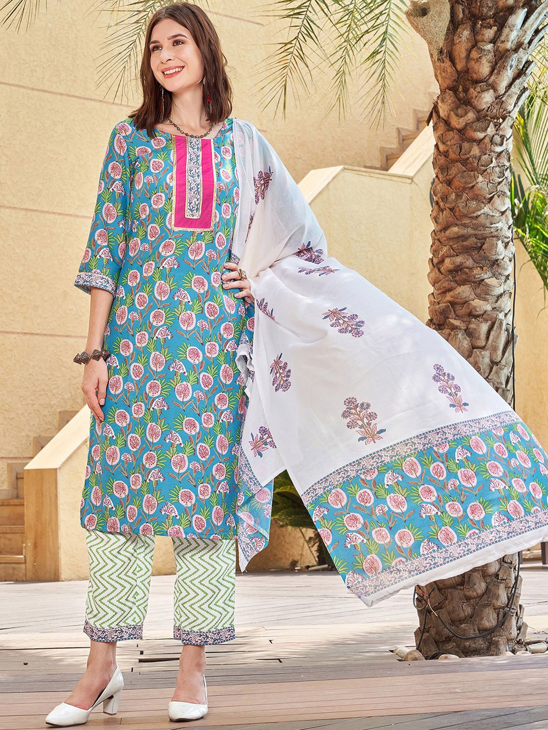 KALINI Floral Printed Regular Gotta Patti Kurta with Trousers & Dupatta, Turquoise blue
KALINI Floral Printed Regular Gotta Patti Kurta with Trousers & Dupatta, Turquoise blue