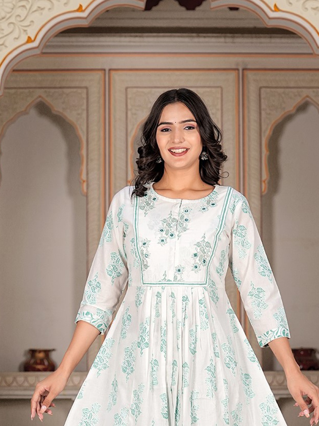 KALINI Women Floral Embroidered Mirror Work Pure Cotton Kurta with Trousers & Dupatta, Green
KALINI Women Floral Embroidered Mirror Work Pure Cotton Kurta with Trousers & Dupatta, Green