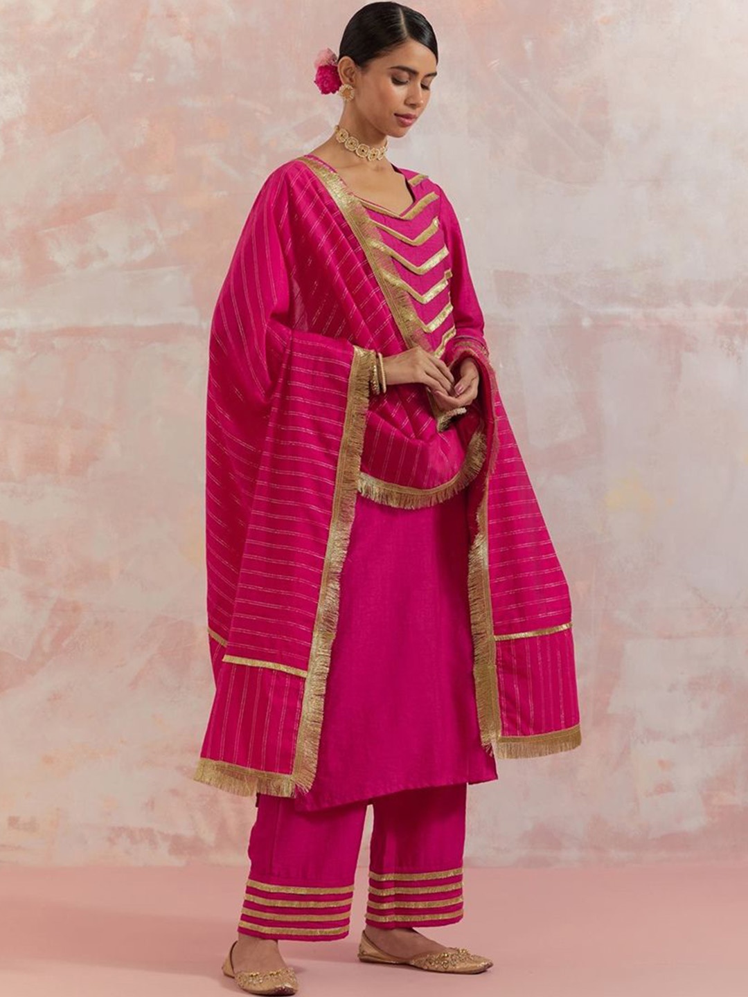 THE INDIAN CAUSE Women Yoke Design Gotta Patti Kurta with Palazzos & Dupatta, Pink
THE INDIAN CAUSE Women Yoke Design Gotta Patti Kurta with Palazzos & Dupatta, Pink