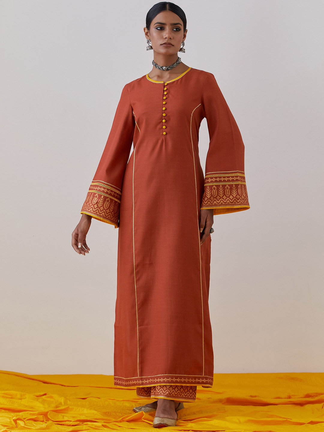THE INDIAN CAUSE Women Gotta Patti Pure Cotton Kurta with Palazzos & With Dupatta, Rust 
THE INDIAN CAUSE Women Gotta Patti Pure Cotton Kurta with Palazzos & With Dupatta, Rust