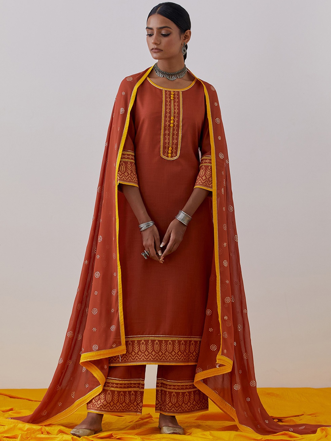 THE INDIAN CAUSE Women Embroidered Regular Thread Work Pure Cotton Kurta With Palazzos, Rust
THE INDIAN CAUSE Women Embroidered Regular Thread Work Pure Cotton Kurta With Palazzos, Rust