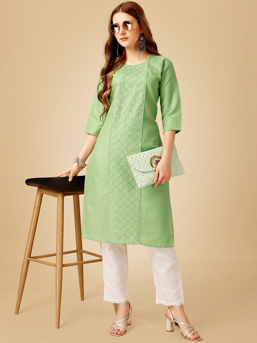 devkison Designer Women Geometric Embroidered Panelled Mirror Work Kurta with Trousers, Green 
devkison Designer Women Geometric Embroidered Panelled Mirror Work Kurta with Trousers, Green