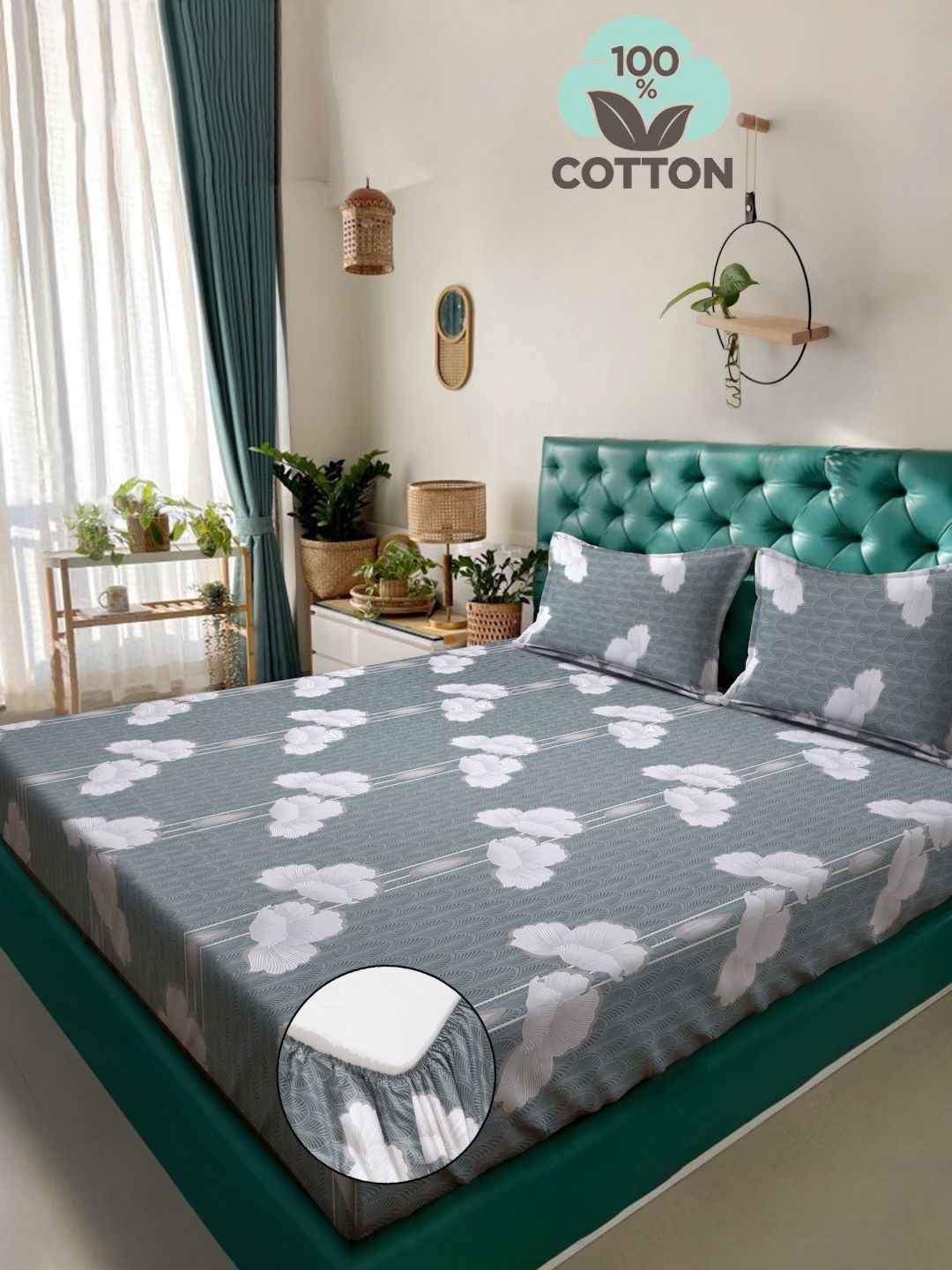 KLOTTHE Grey Floral Printed 400TC Pure Cotton Fitted Double King Bedsheet & Pillow Covers
KLOTTHE Grey Floral Printed 400TC Pure Cotton Fitted Double King Bedsheet & Pillow Covers