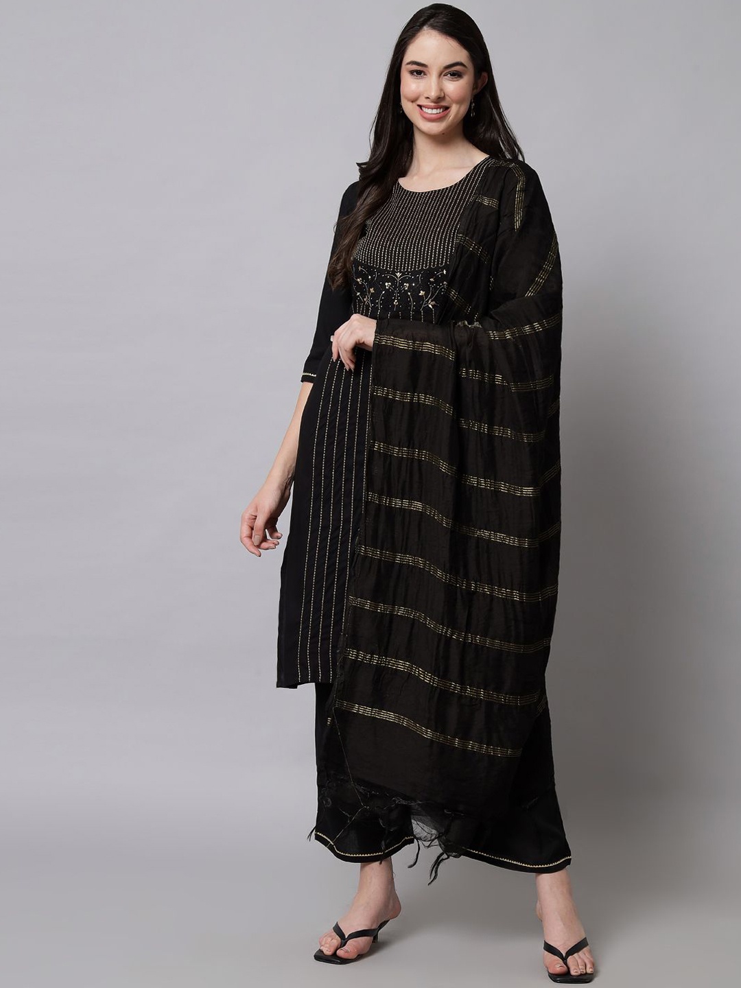 ANGITA Women Embroidered Regular Thread Work Kurta with Trousers & With Dupatta, Black
ANGITA Women Embroidered Regular Thread Work Kurta with Trousers & With Dupatta, Black