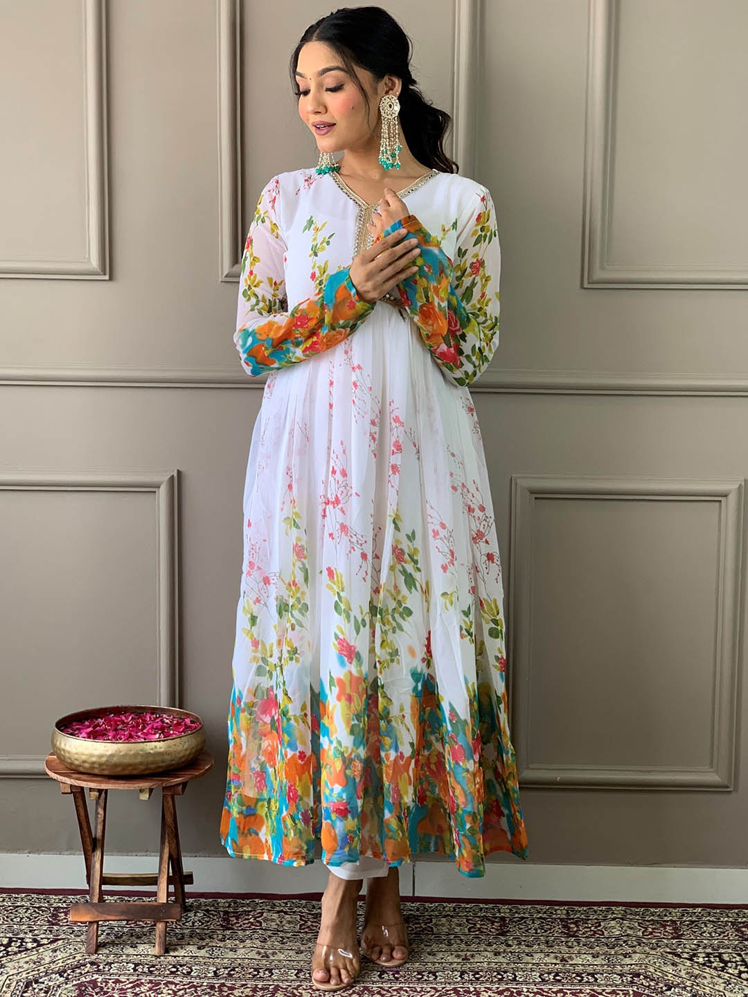 KALINI Women Floral Printed Pleated Mirror Work Kurta with Trousers & With Dupatta, Off white
KALINI Women Floral Printed Pleated Mirror Work Kurta with Trousers & With Dupatta, Off white